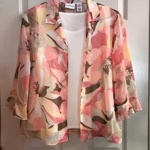 Alfred Dunner blouse with tank top, peachy pink with cream, tan and brown print